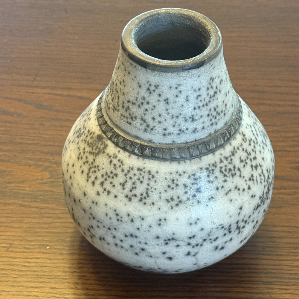 Stoneware Speckled Art Pottery Vase White Hand Molded Studio Decor Artist Signed